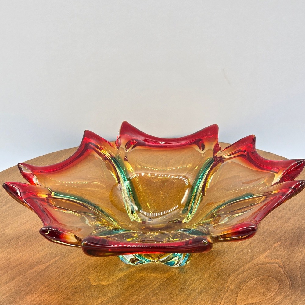 MCM 60s Murano Hand-Blown Glass Bowl Red Amber Teal Sommerso Starburst‎ 10 inch